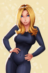 Rule 34 | 1girl, blonde hair, blue eyes, bodysuit, breasts, collarbone, contrapposto, covered navel, cowboy shot, hair over shoulder, hands on own hips, highres, large breasts, lips, long hair, looking at viewer, lux (league of legends), original, parted bangs, parted lips, raichiyo33, shatter, simple background, skin tight, solo, standing, teeth, wavy mouth, yellow background