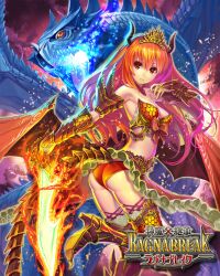 Rule 34 | 1girl, armor, armpits, ass, bikini armor, bow, breasts, dragon, dragon girl, dragon horns, dragon tail, dragon wings, hmk84, holding, holding sword, holding weapon, horns, logo, long hair, looking at viewer, looking back, official art, red eyes, red hair, shinma x keishou! ragnabreak, skirt, sword, tail, weapon, western dragon, wings