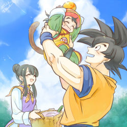 Rule 34 | 1girl, 2016, 2boys, bakusou k, basket, black eyes, black hair, blue sky, carrying, chi-chi (dragon ball), child, chinese clothes, closed eyes, cloud, dated, day, dougi, dragon ball, dragon ball (object), dragonball z, earrings, family, hair bun, holding, jewelry, monkey tail, multiple boys, muscular, neckerchief, open mouth, sidelocks, signature, single hair bun, sky, smile, son gohan, son goku, tail, tree, wristband