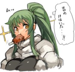 Rule 34 | 1girl, bird, breasts, chicken, chicken (food), chicken leg, female focus, fried chicken, green hair, high ponytail, large breasts, long hair, mouth hold, original, sachito, sidelocks, simple background, solo, sumi-chan (sachito), thought bubble, translation request, white background, yellow eyes