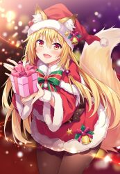 Rule 34 | 1girl, :d, akino kaede (vtuber), akizora momiji, animal ears, bell, belt, blonde hair, bow, bowtie, box, commentary, dress, fang, fox ears, fox girl, fox tail, fur trim, gift, gift box, hat, highres, holding, holding gift, indie virtual youtuber, leaning forward, light particles, long hair, looking at viewer, open mouth, orange eyes, red dress, red hat, santa costume, santa hat, smile, solo, striped bow, striped bowtie, striped clothes, tail, virtual youtuber