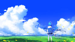 Rule 34 | 1girl, absurdly long hair, ahoge, animal, aoi thomas, bird, black skirt, blue hair, blue sky, blue wings, bow, cloud, commentary request, day, facing away, feathered wings, field, floating hair, from behind, grass, hair bow, highres, hood, hood down, hooded jacket, jacket, long hair, mountain, original, outdoors, pantyhose, petals, skirt, sky, solo, very long hair, white bow, white jacket, white pantyhose, wings