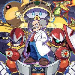 Rule 34 | 1boy, android, arm cannon, bald, belt, blue eyes, blue pants, break man, breath weapon, breathing fire, brown footwear, character request, claws, clenched hands, cloud, dark man, dr. wily (mega man), dragon, facial hair, fangs, fire, glasses, glowing, glowing eye, glowing eyes, grey hair, hands in pockets, helmet, highres, lab coat, long sleeves, looking at viewer, male focus, mecha dragon (mega man), mega man (classic), mega man (series), mega man 2, mega man 3, mega man 4, mega man 5, met (mega man), mustache, necktie, open mouth, pants, proto man, red eyes, red necktie, robot, scarf, shield, shoes, smile, solo, sunglasses, teeth, tonami kanji, weapon, yellow devil (mega man), yellow eyes, yellow scarf
