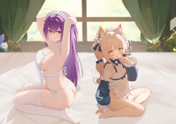 2girls absurdres animal_ears apron artist_name ass breasts cat_ears cat_girl closed_mouth commentary_request curtains doraski flat_chest green_eyes highres indoors large_breasts long_hair looking_at_viewer maid maid_headdress multiple_girls naked_apron orange_hair original panties purple_hair side-tie_panties sideboob sitting smile thighhighs underwear wariza white_panties white_thighhighs window