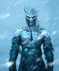 Rule 34 | a song of ice and fire, black sclera, blue eyes, blue skin, closed mouth, collarbone, colored sclera, colored skin, detached sleeves, game of thrones, guillem dauden, highres, ice, looking at viewer, monster, night king (game of thrones), pectorals, redesign, shoulder spikes, snow, spikes, topless, undead, upper body, white hair, white walker (a song of ice and fire), winter, wrinkled skin