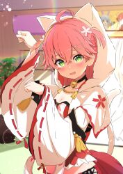 Rule 34 | 1girl, absurdres, ahoge, bell, black choker, blurry, blurry background, blush, capelet, cat girl, cat hair ornament, cat tail, cherry blossom print, choker, floral print, flower, green eyes, hair between eyes, hair flower, hair ornament, hands up, highres, hololive, hood, hood up, hooded capelet, houshou marine, houshou marine (1st costume), long sleeves, looking at viewer, medium hair, neck bell, open mouth, paw pose, pink hair, plant, red ribbon, ribbon, ribbon-trimmed sleeves, ribbon trim, sakura miko, sakura miko (work), smile, solo, spice mega, tail, two side up, usada pekora, usada pekora (1st costume), virtual youtuber, white capelet, wide sleeves