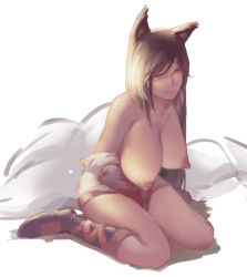 Rule 34 | 1girl, ahri (league of legends), animal ears, boots, breasts, female focus, fox ears, fox tail, full body, huge breasts, lactation, large breasts, league of legends, looking at viewer, multiple tails, nipples, simple background, sitting, sky of morika, smile, solo, tail, topless, wariza, white background, yellow eyes