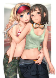 Rule 34 | 2girls, bare arms, belt, bikini, bikini top only, black hair, blonde hair, blue eyes, breasts, brown eyes, camouflage, camouflage pants, cleavage, fang, goggles, goggles around neck, hand in pocket, hat, highres, holding, hug, long hair, looking at viewer, masami chie, midriff, multiple girls, navel, open mouth, original, pants, shirt, short hair, small breasts, smile, swimsuit, tank top, tied shirt, twintails, wrench, yuri