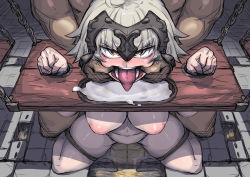 Rule 34 | 1boy, 1girl, ahoge, bdsm, blush, bondage, bound, breasts, chain, clenched hands, cum, dragra, fate/grand order, fate (series), finger in another&#039;s mouth, headpiece, highres, inverted nipples, jeanne d&#039;arc (fate), jeanne d&#039;arc alter (avenger) (fate), jeanne d&#039;arc alter (fate), kneeling, looking at viewer, mouth pull, nipples, nude, open mouth, oral invitation, pee, pillory, restrained, short hair, silver hair, solo focus, teeth, tongue, tongue out, v-shaped eyes, yellow eyes