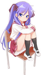 Rule 34 | 1girl, absurdres, arms on knees, black socks, blue eyes, blush, chair, commentary request, hair ribbon, highres, hiiragi kagami, lace, lace-trimmed skirt, lace trim, legs, long hair, long sleeves, looking at viewer, lucky star, panties, pantyshot, purple hair, red sailor collar, red skirt, retsumaru, ribbon, sailor collar, shirt, shoes, sidelocks, sitting, skirt, socks, solo, sweat, thighs, tsurime, twintails, underwear, uwabaki, v-shaped eyebrows, wavy hair, white background, white footwear, white panties, white shirt
