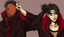 Rule 34 | 2boys, fishnets, grabbing another&#039;s hair, headband, jewelry, lily (artist), lowres, male focus, mask, multiple boys, naruto (series), naruto shippuuden, necklace, ring, tobi (naruto), uchiha itachi