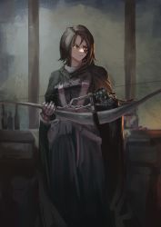 Rule 34 | 1girl, absurdres, black cape, black dress, bloodborne, bottle, bow (weapon), brown hair, burn scar, cape, cloak, commentary, dress, english commentary, gauntlets, heterochromia, highres, holding, holding bow (weapon), holding weapon, hunter (bloodborne), looking to the side, medium hair, naka the spooky, open mouth, orange eyes, parted bangs, scar, solo, symbol-only commentary, weapon