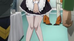 Rule 34 | 10s, 1girl, 2boys, ahoge, animated, blush, breasts, brown hair, character request, embarrassed, glasses, green eyes, harada makoto, large breasts, legs, long legs, looking at another, looking back, maid, maid headdress, multiple boys, reflection, shiny clothes, short hair, standing, thighhighs, uchuu senkan yamato, uchuu senkan yamato 2199, underwear, upskirt, video, white thighhighs, wrist cuffs