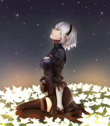 Rule 34 | 1girl, 2b (nier:automata), absurdres, bad id, bad pixiv id, black thighhighs, blindfold, boots, breasts, crying, dress, field, flower, flower field, full body, gloves, grey hair, high heel boots, high heels, highres, medium breasts, nier:automata, nier (series), short hair, sitting, solo, star (sky), thigh boots, thighhighs, thighhighs under boots, thighs, turtleneck, turtleneck dress, wariza, zlfnrk