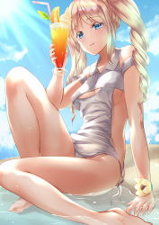 Rule 34 | 1girl, amasora taichi, barefoot, beach, blush, breasts, day, feet, grey one-piece swimsuit, hand up, highres, knee up, light rays, light smile, long hair, medium breasts, one-piece swimsuit, original, outdoors, parted lips, ringlets, sidelocks, sitting, smile, soles, solo, sunbeam, sunlight, swimsuit, tareme, toes, tropical drink, twintails, wristband