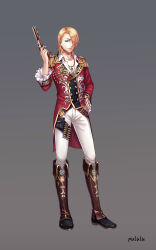 Rule 34 | 1boy, absurdres, aiguillette, belt, blonde hair, blouse, blue eyes, boots, bullet, corrupted metadata, epaulettes, full body, gold trim, grey background, gun, hair over one eye, hand on own hip, handgun, highres, holster, jacket, jewelry, looking at viewer, male focus, military jacket, necklace, original, pululu, shirt, simple background, solo, standing, thigh holster, weapon, white shirt