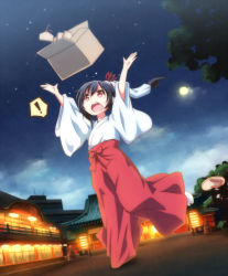 Rule 34 | !, 10s, 1girl, alternate hairstyle, black hair, box, dutch angle, ema, full moon, hair ornament, hair ribbon, hair tubes, hakama, hakama skirt, hands up, japanese clothes, looking up, love live!, love live! school idol project, miko, moon, open mouth, ponytail, red eyes, red hakama, riai (onsen), ribbon, sandals, unworn sandals, shrine, skirt, sky, solo, spoken exclamation mark, star (sky), starry sky, tabi, tripping, yazawa nico