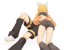 Rule 34 | 1boy, 1girl, all fours, hug, belt, black legwear, black shirt, black shorts, blonde hair, bow, brother and sister, from behind, full body, hair bow, headphones, highres, hug, jacket, kagamine len, kagamine rin, knee up, leg warmers, lying, m0ti, on back, orange jacket, shirt, shoes, short hair, short shorts, shorts, siblings, twins, vocaloid, white background, white bow, white footwear