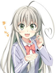 Rule 34 | 1girl, :3, :d, ahoge, blue jacket, blush, cherry, collared shirt, commentary request, feeding, food, fruit, green eyes, grey hair, haiyore! nyaruko-san, heart, heart ahoge, holding, holding spoon, incoming food, jacket, long hair, long sleeves, looking at viewer, macchaume, neck ribbon, nyarlathotep (nyaruko-san), open mouth, pov, red ribbon, ribbon, shirt, simple background, smile, solo, spoon, upper body, white background