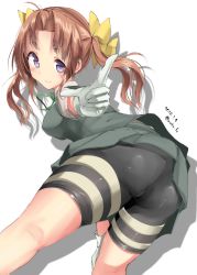Rule 34 | 10s, 1girl, ahoge, ass, bike shorts, bike shorts under skirt, blush, brown hair, cropped legs, female focus, from behind, gloves, hair ribbon, hand on own knee, kagerou (kancolle), kantai collection, kneepits, leaning forward, long hair, looking back, mokufuu, pointing, pointing at viewer, purple eyes, ribbon, school uniform, short hair, shorts, shorts under skirt, skirt, smile, solo, twintails