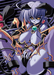 Rule 34 | 1girl, astaroth (shinrabanshou), black sclera, blue skin, boots, breasts, colored sclera, colored skin, demon girl, earrings, female masturbation, heart, heart earrings, horns, huge breasts, jewelry, masturbation, pointy ears, purple footwear, shinrabanshou, solo, tail, thighhighs, wings
