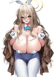 Rule 34 | 1girl, :d, absurdres, akane (blue archive), akane (bunny) (blue archive), alternate breast size, animal ears, blue archive, blue bow, blue bowtie, blush, bow, bowtie, breasts, brown eyes, brown shawl, cleavage, collarbone, covered navel, fake animal ears, glasses, gloves, hairband, halo, highres, huge breasts, leaning forward, leotard, light brown hair, looking at viewer, open mouth, pantyhose, plaid, plaid shawl, rabbit ears, shawl, smile, solo, white gloves, white hairband, white leotard, white pantyhose, yamanokami eaka