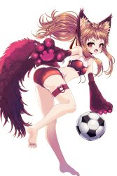 Rule 34 | 1girl, animal ears, animal hands, armpits, ass, ball, bare shoulders, barefoot, bikini, breasts, brown hair, cat ears, cat girl, cat tail, claws, full body, garter straps, heart, highres, karuru (soccer spirits), no shoes, official art, open mouth, reason (ficafe), red bikini, red eyes, resized, small breasts, soccer ball, soccer spirits, strapless, strapless bikini, swimsuit, tail, transparent background, upscaled