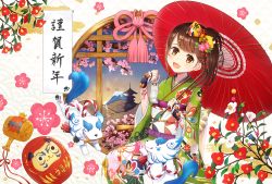 Rule 34 | 1girl, 2018, :d, bell, blush, brown hair, cherry blossoms, daruma doll, fingerless gloves, flower, gloves, hair flower, hair ornament, highres, japanese clothes, jingle bell, kimono, looking at viewer, omelet tomato, open mouth, original, over shoulder, paintbrush, parasol, paw print, sitting, smile, umbrella, window