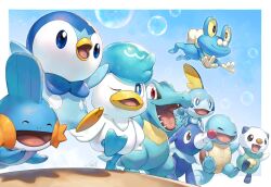 Rule 34 | beak, blue background, blue eyes, bubble, closed eyes, closed mouth, creatures (company), fangs, froakie, game freak, gen 1 pokemon, gen 2 pokemon, gen 3 pokemon, gen 4 pokemon, gen 5 pokemon, gen 6 pokemon, gen 7 pokemon, gen 8 pokemon, hands up, jumping, kemonomichi (blue black), leg up, midair, mudkip, nintendo, one eye closed, open mouth, oshawott, piplup, pokemon, pokemon (creature), popplio, quaxly, red eyes, shadow, signature, sobble, squirtle, standing, totodile