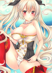 Rule 34 | 1girl, azur lane, bare arms, bare shoulders, black ribbon, blonde hair, blush, breasts, buttons, cleavage, closed mouth, comic, dress, dress tug, drill hair, hair between eyes, hair ribbon, hand on own knee, highres, large breasts, long hair, looking at viewer, marker (medium), microdress, nelson (azur lane), panties, red eyes, red thighhighs, ribbon, saya pr, sitting, solo, strapless, strapless dress, thighhighs, traditional media, twintails, underwear, very long hair, white panties
