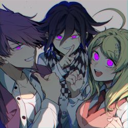 Rule 34 | 1girl, 2boys, ahoge, akamatsu kaede, black hair, breasts, checkered clothes, checkered scarf, collarbone, collared shirt, commentary request, danganronpa (series), danganronpa v3: killing harmony, fortissimo, glowing, glowing eyes, grey background, grin, hair between eyes, hair ornament, highres, index finger raised, jacket, large breasts, long sleeves, looking at viewer, momota kaito, multiple boys, musical note, musical note hair ornament, nail polish, nanin, necktie, open clothes, open jacket, open shirt, oma kokichi, pink eyes, pink hair, pink jacket, pink nails, pink sweater vest, pointing, pointing at self, print shirt, scarf, shirt, simple background, smile, straitjacket, sweater vest, thumbs up, upper body