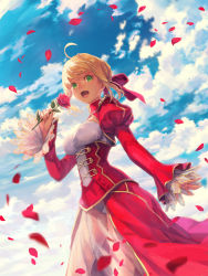 Rule 34 | 10s, 1girl, ahoge, blue sky, blurry, braid, breasts, cloud, cloudy sky, day, depth of field, dress, epaulettes, fate/extra, fate (series), flower, french braid, hair ribbon, harupy, highres, holding, holding flower, juliet sleeves, large breasts, leotard, long dress, long sleeves, nero claudius (fate), nero claudius (fate) (all), nero claudius (fate/extra), outdoors, petals, puffy sleeves, red dress, red flower, red ribbon, red rose, ribbon, rose, see-through, short hair with long locks, sky, solo, white leotard