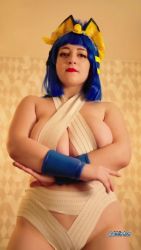 Rule 34 | 1girl, aili winter, animal crossing, animal ears, animated, ankha (animal crossing), bed, blue hair, breasts, cat ears, clothes, cosplay, fake animal ears, female focus, highres, large breasts, lipstick, looking at viewer, makeup, medium hair, nintendo, on bed, partially undressed, real life, red lips, solo, sound, tagme, video