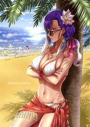 Rule 34 | 1boy, 4girls, against tree, beach, bikini, black-framed eyewear, breast press, breasts, character request, cleavage, crossed arms, cu chulainn (fate), cu chulainn (fate/stay night), day, earrings, fate/grand order, fate (series), flower, front-tie bikini top, front-tie top, gluteal fold, gradient hair, groin, hair flower, hair intakes, hair ornament, hair ribbon, halterneck, highres, innertube, ishtar (fate), ishtar (swimsuit rider) (fate), jewelry, large breasts, leaning back, long hair, looking over eyewear, looking over glasses, matou sakura, mouth hold, multicolored hair, multiple girls, navel, necklace, outdoors, parted lips, parvati (fate), pink flower, pink ribbon, profile, purple hair, red eyes, red ribbon, ribbon, rna (angel-smelter), sarong, shiny skin, side-tie bikini bottom, silver hair, solo focus, sunglasses, swim ring, swimsuit, tinted eyewear, tree, twitter username