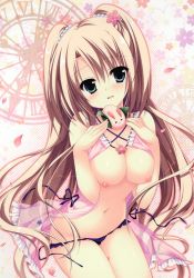 Rule 34 | 1girl, :d, asakura hayate, babydoll, black panties, blonde hair, blue eyes, blush, breast suppress, breasts, breasts out, breasts squeezed together, brown hair, cherry blossoms, cleavage, flower, food, hair flower, hair ornament, highres, long hair, looking at viewer, majo koi nikki, medium breasts, navel, nipples, open clothes, open mouth, open shirt, panties, panty pull, parted lips, puffy nipples, qoobrand, sakura mochi, see-through, shiny skin, shirt, side-tie panties, smile, tokeizaka kanon, underwear, untied panties, very long hair, wagashi
