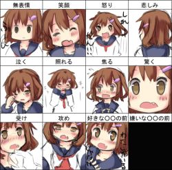 Rule 34 | 10s, 1girl, anger vein, blush, brown eyes, brown hair, chart, expression chart, expressions, closed eyes, fang, hair ornament, hairclip, ikazuchi (kancolle), kantai collection, multiple views, school uniform, serafuku, short hair, translation request, upper body, wapengin