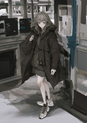 Rule 34 | 1girl, absurdres, bag, black eyes, black hair, blurry, coat, depth of field, handbag, highres, lavender quartz, lm7 (op-center), looking at viewer, muted color, shoes, sketch, sneakers, solo, wavy mouth