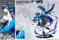 Rule 34 | 1girl, 2020, adoptable, allosauc, angel, angel wings, artist name, bare shoulders, black dress, black footwear, black hair, black wings, blue bow, blue fire, blue gloves, blue hair, blue wings, bow, breasts, character sheet, cleavage, close-up, closed mouth, clothing cutout, collarbone, colored skin, commentary, cowboy shot, cross-laced clothes, cross-laced dress, deviantart username, dress, elbow gloves, english commentary, english text, expressionless, eyelashes, eyeshadow, feathers, fire, from side, full body, gloves, gradient background, grey background, hair bow, high heels, highres, holding, holding sword, holding weapon, large breasts, light blush, long hair, looking at viewer, makeup, medium dress, multicolored hair, multiple views, original, pointy ears, polka dot, polka dot background, projected inset, rapier, red eyes, red eyeshadow, side slit, simple background, strapless, strapless dress, streaked hair, sword, torn bow, triangle background, two-tone wings, weapon, white skin, wings