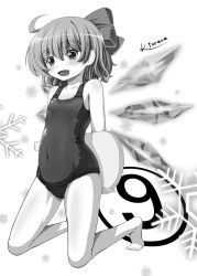 Rule 34 | 1girl, :d, blush, bow, circled 9, cirno, covered navel, fang, greyscale, hair bow, hair ribbon, hand fan, kneeling, kusumi torara, monochrome, one-piece swimsuit, open mouth, ribbon, school swimsuit, short hair, skindentation, smile, solo, swimsuit, touhou, wings