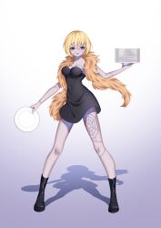 Rule 34 | 1girl, absurdres, blonde hair, boots, feather boa, gradient background, highres, holding, holding plate, koshikun, looking at viewer, one piece, plate, purple background, purple eyes, scar, shadow, short hair, simple background, solo, victoria cindry, white background
