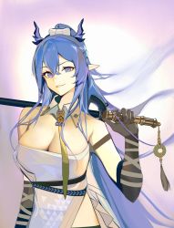 Rule 34 | 1girl, arknights, arm strap, arm wrap, black gloves, blue eyes, blue hair, breasts, chinese commentary, cleavage, crossed bangs, detached collar, dragon girl, dragon horns, dress, elbow gloves, gloves, gradient background, hair between eyes, highres, holding, holding weapon, horns, ken (1057168252), large breasts, ling (arknights), long hair, looking at viewer, necktie, over shoulder, parted lips, pointy ears, ponytail, purple background, simple background, smirk, solo, strapless, strapless dress, tassel, upper body, weapon, weapon over shoulder, white background, white dress, wing collar, yellow necktie