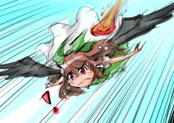 Rule 34 | !, 1girl, absurdres, bow, brown hair, cape, commentary request, fire, hair bow, highres, long hair, reiuji utsuho, shinapuu, solo, touhou, wings