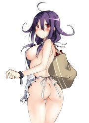 Rule 34 | 10s, 1girl, ahoge, apron, ass, blush, breasts, censored, highres, kaminagi (kaminagi-tei), kantai collection, large breasts, long hair, looking at viewer, looking back, naked apron, purple hair, pussy, red eyes, sideboob, simple background, solo, taigei (kancolle), white background
