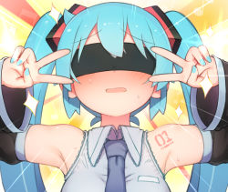 Rule 34 | 1girl, abmayo, aqua hair, aqua nails, armpits, bare shoulders, black blindfold, black sleeves, blindfold, blue necktie, blush, commentary request, detached sleeves, double v, emotional engine - full drive, facing viewer, fate/grand order, fate (series), grey shirt, hair ornament, hands up, hatsune miku, highres, long hair, nail polish, necktie, open mouth, shirt, shoulder tattoo, sleeveless, sleeveless shirt, smile, solo, sparkle, sparkle background, sunburst, sunburst background, sweat, tattoo, twintails, upper body, v, v-shaped eyebrows, vocaloid