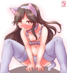 Rule 34 | 10s, 1girl, 2016, animal ears, arashio (kancolle), bare shoulders, blush, bra, brown eyes, brown hair, cat ears, cat girl, cat tail, collarbone, dated, fake animal ears, fake tail, heart, heart-shaped pupils, highres, kanon (kurogane knights), kantai collection, leaning forward, lingerie, long hair, looking at viewer, navel, open mouth, panties, purple bra, purple panties, purple thighhighs, saliva, sitting, solo, spread legs, symbol-shaped pupils, tail, thighhighs, trembling, underwear, underwear only, v arms