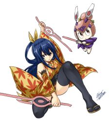 Rule 34 | 1girl, black thighhighs, blue hair, bow, detached sleeves, dual wielding, eden&#039;s zero, frown, hair between eyes, hair bow, holding, holding sword, holding weapon, homura kogetsu, japanese clothes, kimono, leaf print, long hair, long sleeves, looking at viewer, mashima hiro, official art, on one knee, pino (eden&#039;s zero), print kimono, print sleeves, short kimono, signature, simple background, sleeveless, sleeveless kimono, sword, tabi, thighhighs, very long hair, weapon, white background, wide sleeves, yellow bow, yellow kimono, yellow sleeves