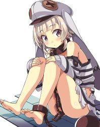 Rule 34 | 1girl, ankle cuffs, ass, azur lane, ball and chain restraint, barefoot, blonde hair, chain, chain leash, commentary request, grozny (azur lane), grozny (bad bunny behind bars) (azur lane), hat, highres, leash, long hair, looking at viewer, macaroni hourensou, prison clothes, purple eyes, short hair, simple background, sitting, solo, torn clothes, white background, white hat