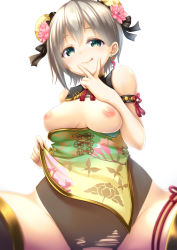 Rule 34 | aoba moca, bang dream!, bodysuit, breasts, breasts out, china dress, chinese clothes, clothes lift, dress, dress lift, earrings, flower, flower on head, getsuyou yasumi, green eyes, grey hair, hair bun, highres, jewelry, licking lips, medium breasts, medium hair, nipples, no bra, shiny skin, simple background, single hair bun, tongue, tongue out, torn bodysuit, torn clothes, v, white background