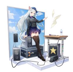 Rule 34 | 1girl, animal ears, beret, black footwear, black jacket, black thighhighs, blue eyes, blue skirt, bottle, bow, bowtie, breasts, cat ears, cat girl, cat tail, desk, eversoul, full body, game cg, hat, heart, jacket, long hair, looking at viewer, medium breasts, microphone, musical note, official alternate costume, official art, purple bow, purple bowtie, school desk, school uniform, seeha (eversoul), shirt, skirt, sky, solo, speaker, standing, star (symbol), tachi-e, tail, thighhighs, transparent background, water bottle, white hair, white shirt, wing collar, zettai ryouiki