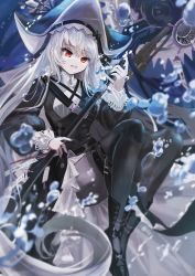 Rule 34 | 1girl, :d, air bubble, arknights, black dress, black footwear, black panties, black pantyhose, black thighhighs, boots, bubble, circular saw, dress, grey hair, highres, holding, holding weapon, kataageteto, knee boots, long hair, long sleeves, looking at viewer, open mouth, panties, pantyhose, pelvic curtain, red eyes, saw, smile, solo, specter (arknights), specter the unchained (arknights), thighhighs, thighhighs over pantyhose, underwater, underwear, very long hair, weapon, white headwear